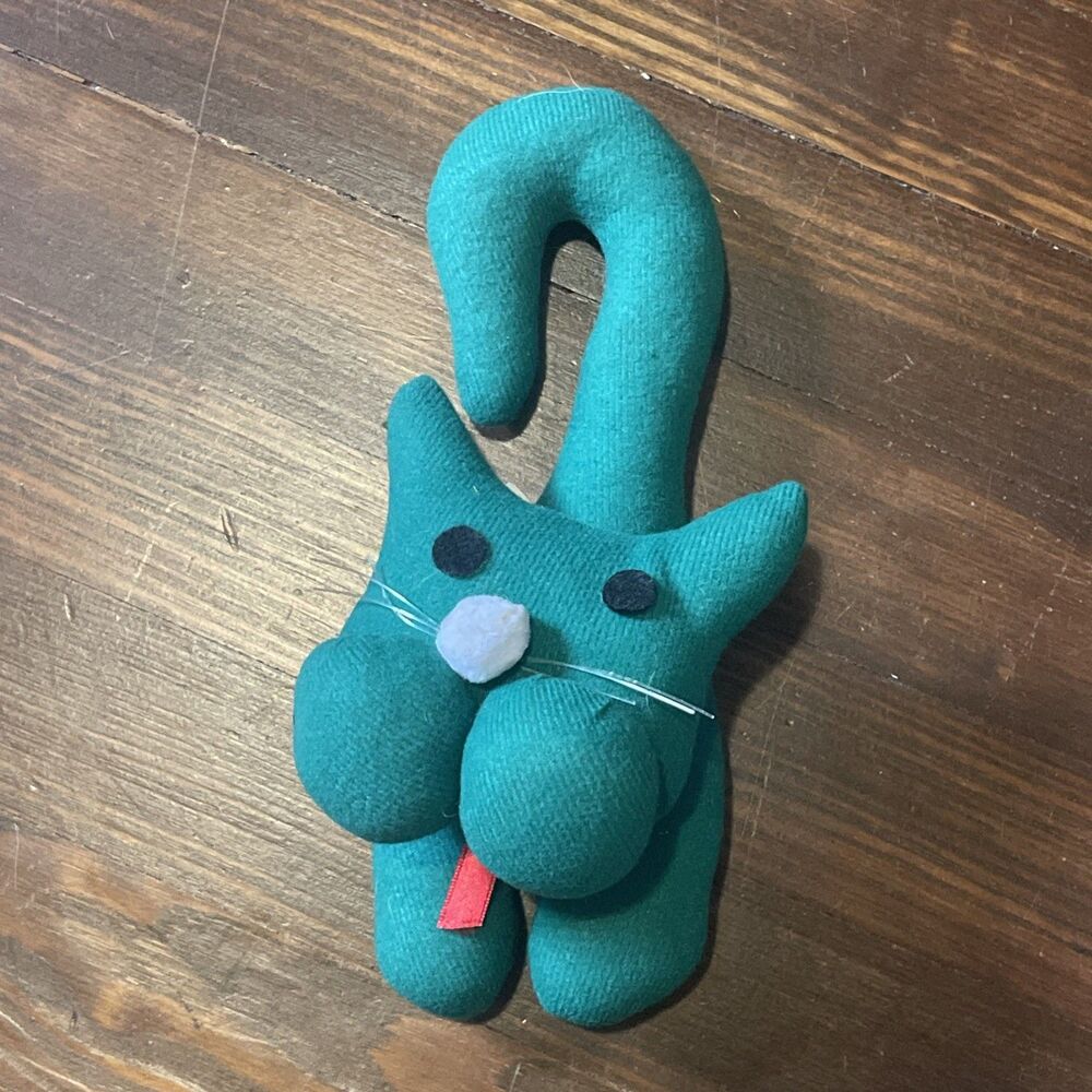 Vintage Stuffed Cat Plush With Ribbon Bow Green